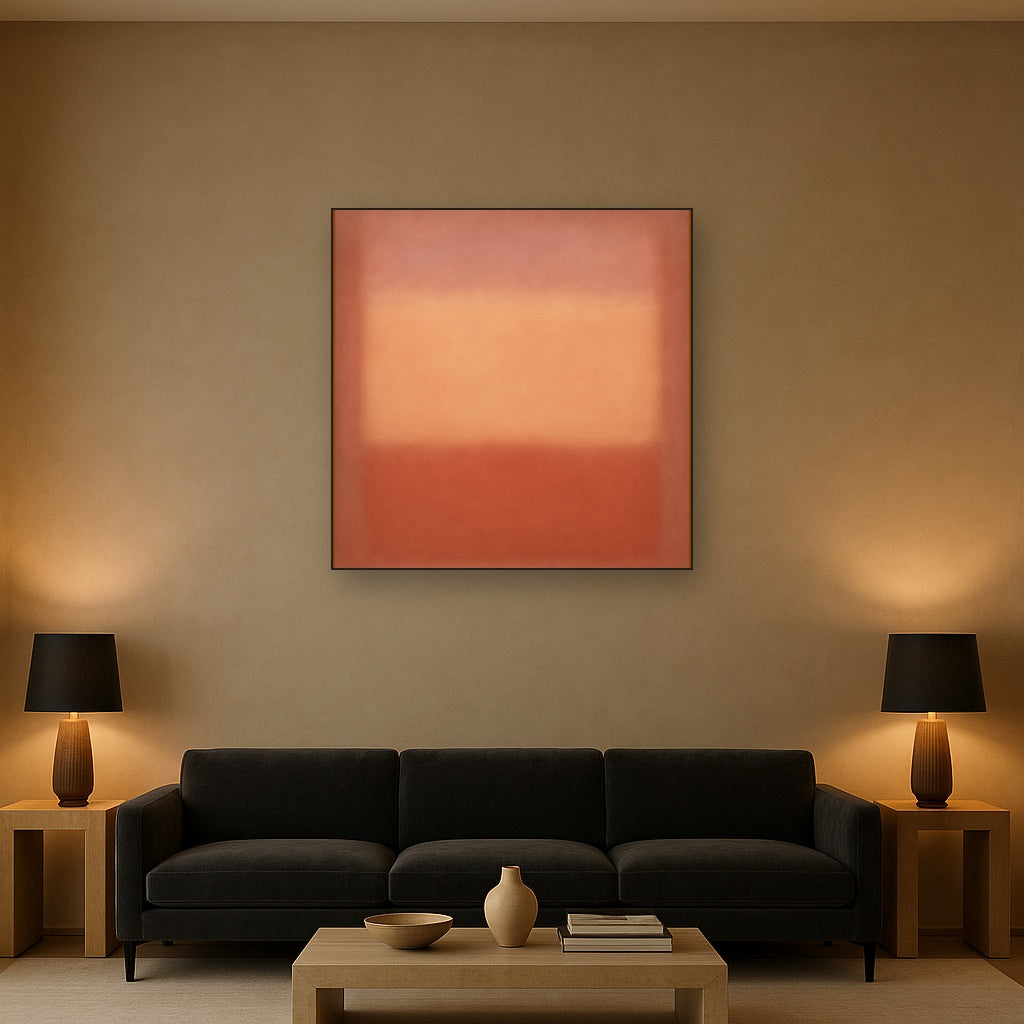 Blush Rose & Dusky Terracotta Ambient Glow No. 26 Oil Painting Staged Above Sectional Sofa in Living Room, Hand Painted Canvas Wall Art for Home Decor