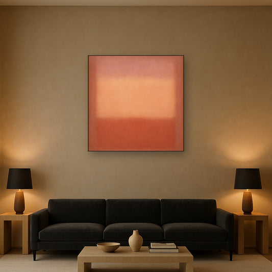 Blush Rose & Dusky Terracotta Ambient Glow No. 26 Oil Painting Staged Above Sectional Sofa in Living Room, Hand Painted Canvas Wall Art for Home Decor