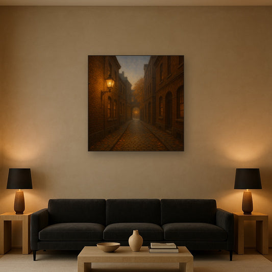London Gaslamp Alley in Autumn Dusk No. 24 Oil Painting Staged Above Sectional Sofa in Living Room, Hand Painted Canvas Wall Art for Home Decor