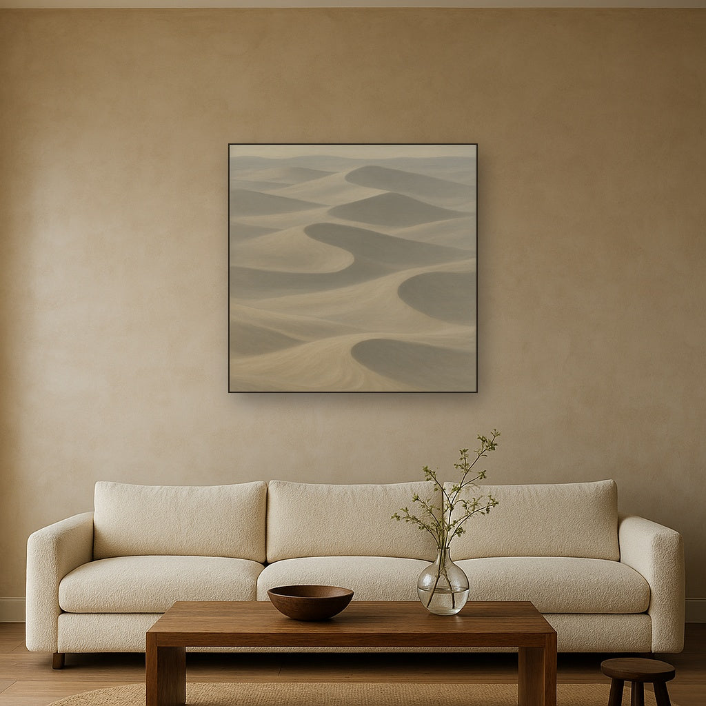 Monochrome Sand Dune Contours & Pale Slate No. 18 Oil Painting Staged Above Sectional Sofa in Living Room, Hand Painted Canvas Wall Art for Home Decor