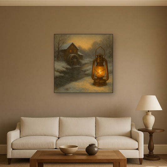 Snowy Mill Stream & Glowing Lantern No. 9 Oil Painting Staged Above Sectional Sofa in Living Room, Hand Painted Canvas Wall Art for Home Decor