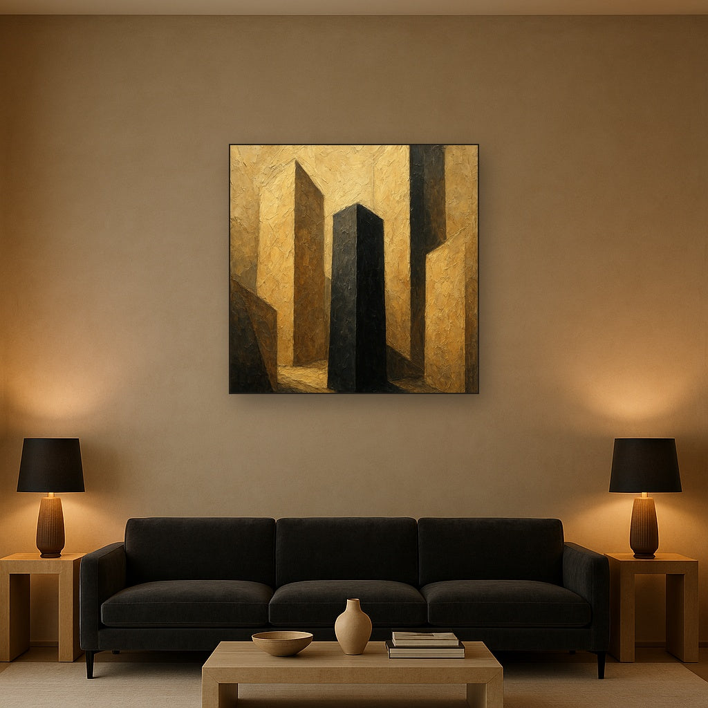 Monolithic Shadow Modern Abstract Oil Painting - Styled in Modern Living Room