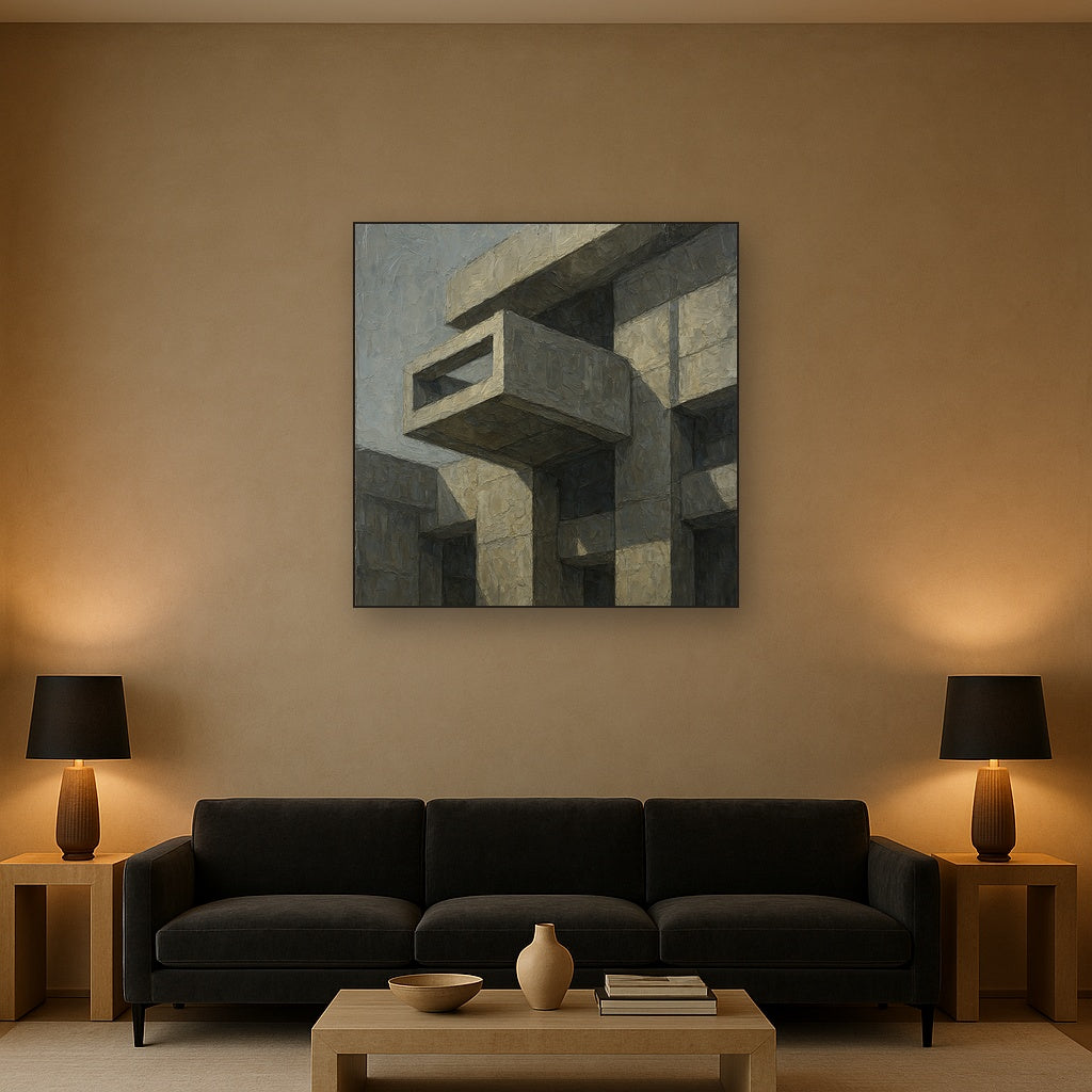 Brutalist Cantilevered Balcony Study No. 5 Oil Painting - Styled in Modern Living Room