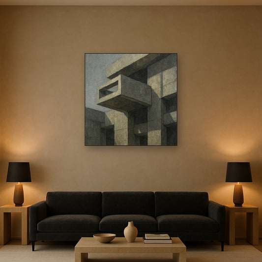 Brutalist Cantilevered Balcony Study No. 5 Oil Painting - Styled in Modern Living Room
