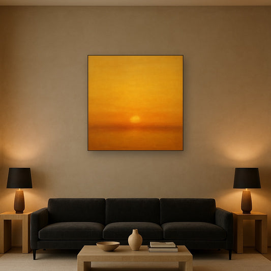 Warm Amber & Raw Sienna Sunset Meditation No. 19 Oil Painting Staged Above Sectional Sofa in Living Room, Hand Painted Canvas Wall Art for Home Decor