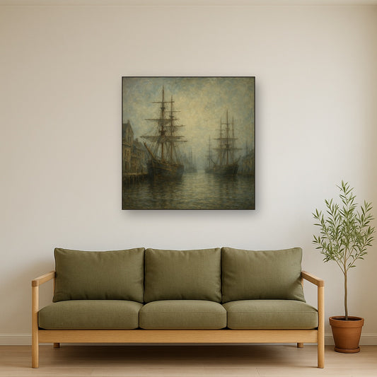 Old World Maritime Harbor & Tall Ships Oil Painting - Styled in Modern Living Room