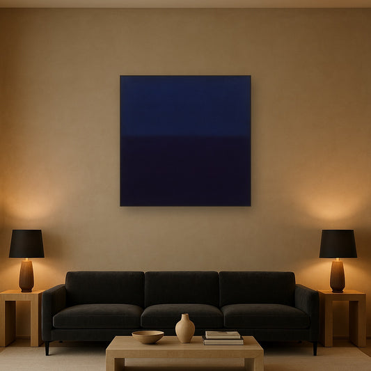 Deep Indigo & Midnight Plum Ambient Field No. 23 Oil Painting Staged Above Sectional Sofa in Living Room, Hand Painted Canvas Wall Art for Home Decor