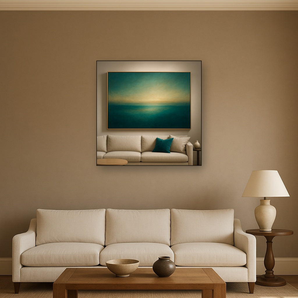 Peacock Teal & Champagne Gold Horizon No. 6 Oil Painting Staged Above Sectional Sofa in Living Room, Hand Painted Canvas Wall Art for Home Decor