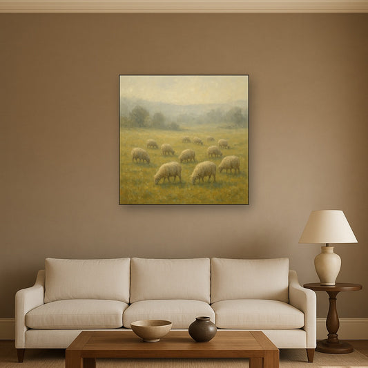 Pastoral Grazing Flock at Morning Mist No. 5 Oil Painting - Styled in Modern Living Room