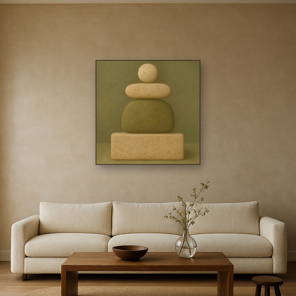 Muted Olive & Sandstone Geometric Balance No. 25 Oil Painting Staged Above Sectional Sofa in Living Room, Hand Painted Canvas Wall Art for Home Decor