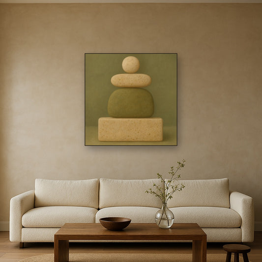 Muted Olive & Sandstone Geometric Balance No. 25 Oil Painting Staged Above Sectional Sofa in Living Room, Hand Painted Canvas Wall Art for Home Decor