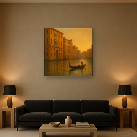 Venetian Canal Palaces at Golden Hour No. 26 Oil Painting Staged Above Sectional Sofa in Living Room, Hand Painted Canvas Wall Art for Home Decor