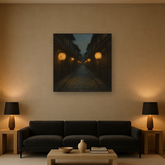 Old Kyoto Gion Alley in Soft Lantern Light No. 19 Oil Painting Staged Above Sectional Sofa in Living Room, Hand Painted Canvas Wall Art for Home Decor