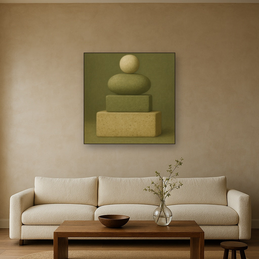 Muted Olive & Sandstone Geometric Balance No. 11 Oil Painting - View 2