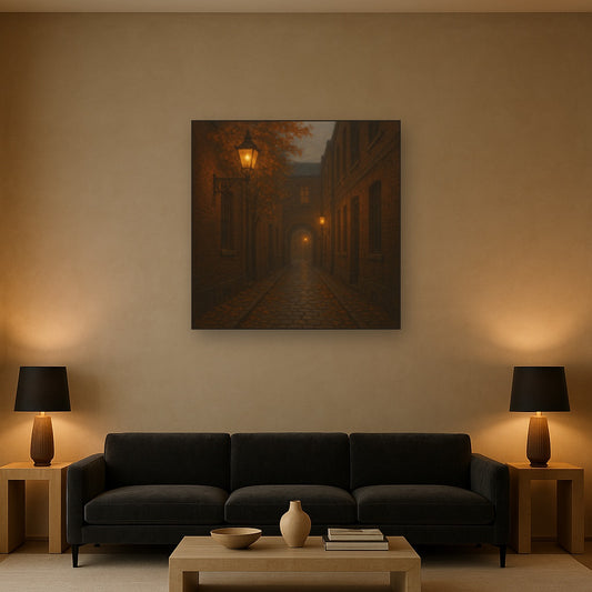 London Gaslamp Alley in Autumn Dusk No. 26 Oil Painting Staged Above Sectional Sofa in Living Room, Hand Painted Canvas Wall Art for Home Decor