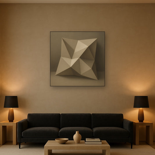 Folded Paper Geometry in Neutral Gradient Shadows No. 2 Oil Painting Staged Above Sectional Sofa in Living Room, Hand Painted Canvas Wall Art for Home Decor