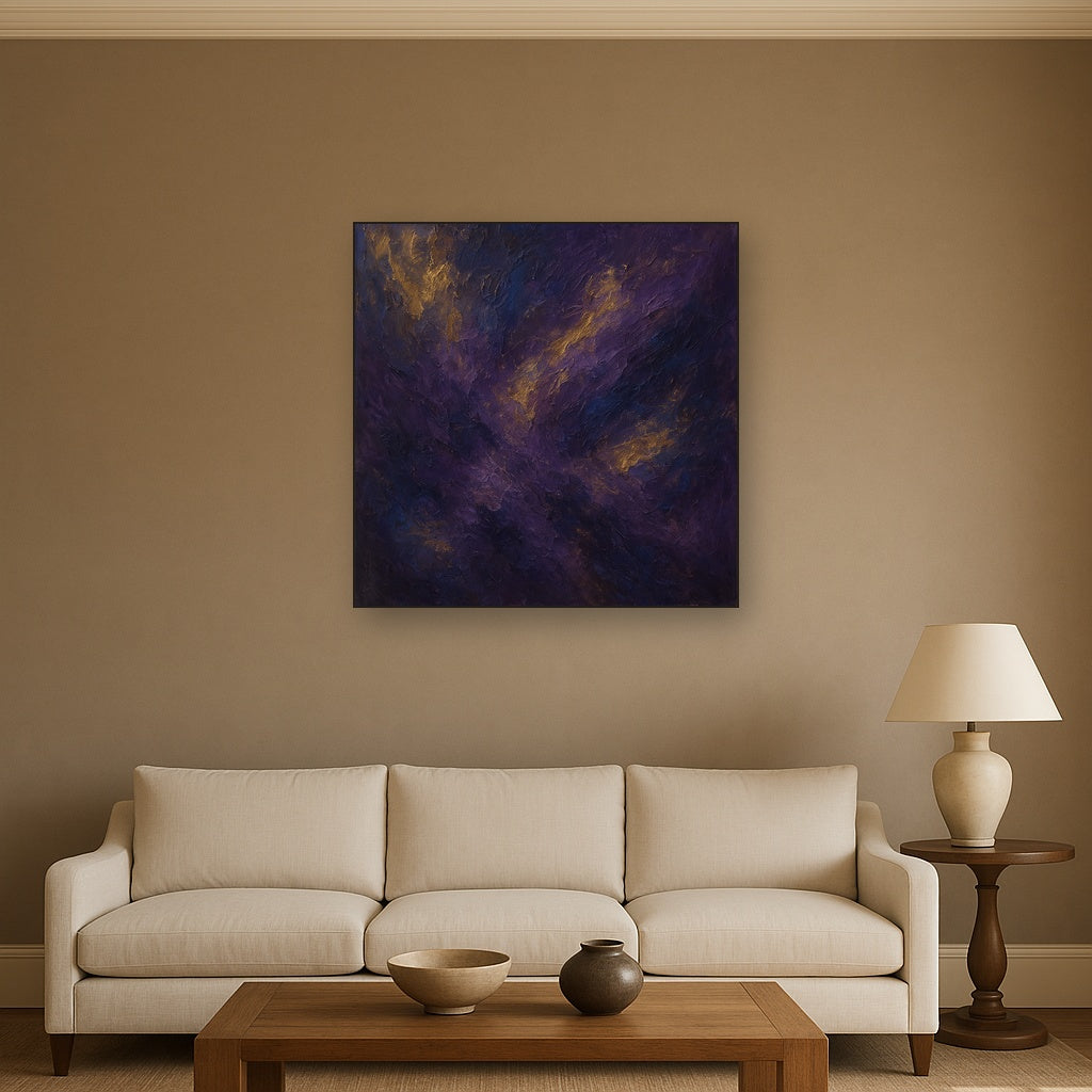 Amethyst Shadow & Celestial Gold No. 4 Oil Painting - Styled in Modern Living Room