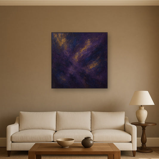 Amethyst Shadow & Celestial Gold No. 4 Oil Painting - Styled in Modern Living Room
