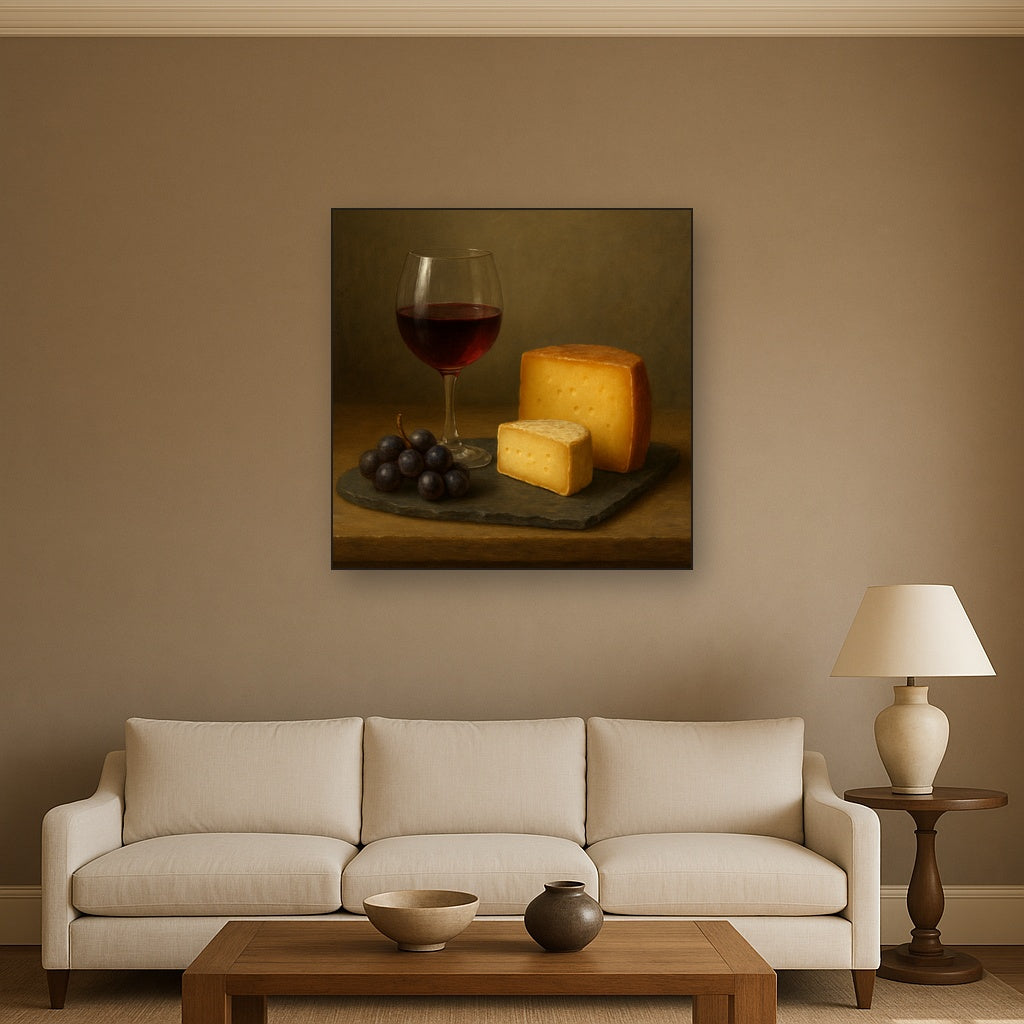 Burgundy Wine Glass & Aged Cheese Board No. 3 Oil Painting - View 2
