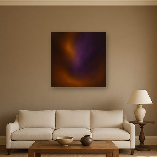 Burnt Amber & Velvet Amethyst Atmosphere No. 8 Oil Painting Staged Above Sectional Sofa in Living Room, Hand Painted Canvas Wall Art for Home Decor