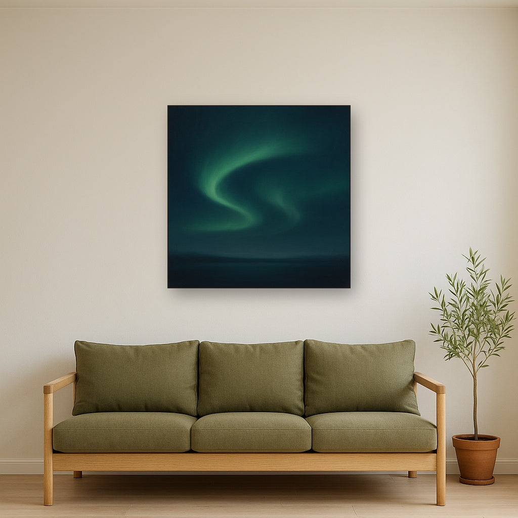 Aurora Borealis Veil in Deep Midnight Indigo No. 6 Oil Painting Staged Above Sectional Sofa in Living Room, Hand Painted Canvas Wall Art for Home Decor