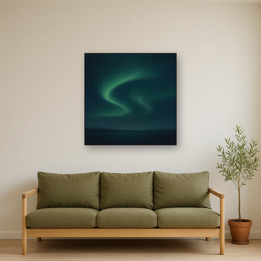 Aurora Borealis Veil in Deep Midnight Indigo No. 6 Oil Painting Staged Above Sectional Sofa in Living Room, Hand Painted Canvas Wall Art for Home Decor