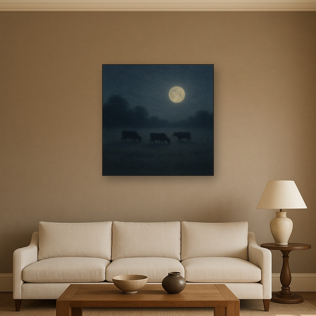 Moonlit Pastoral Meadow & Cattle Silhouettes No. 8 Oil Painting - View 2