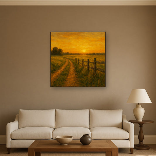 Golden Hour Country Lane & Fence Oil Painting - Styled in Modern Living Room