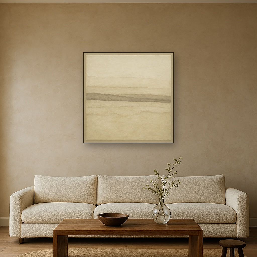 Raw Limestone Horizon & Washed Linen No. 3 Oil Painting Staged Above Sectional Sofa in Living Room, Hand Painted Canvas Wall Art for Home Decor
