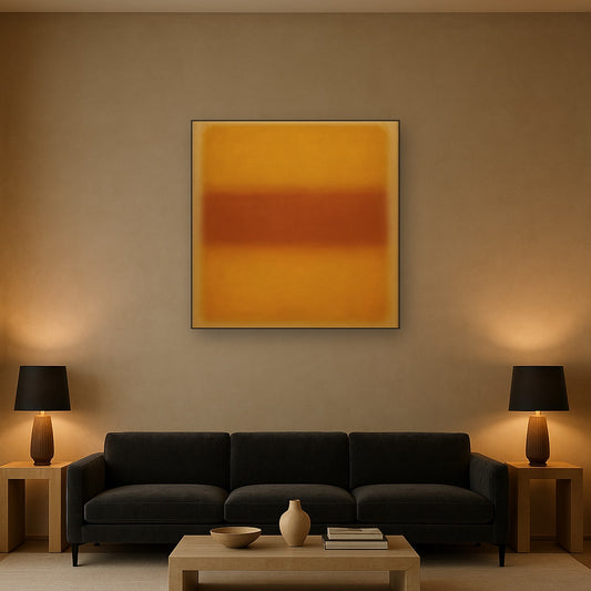 Luminous Ochre & Terracotta Horizon Color Field No. 18 Oil Painting Staged Above Sectional Sofa in Living Room, Hand Painted Canvas Wall Art for Home Decor