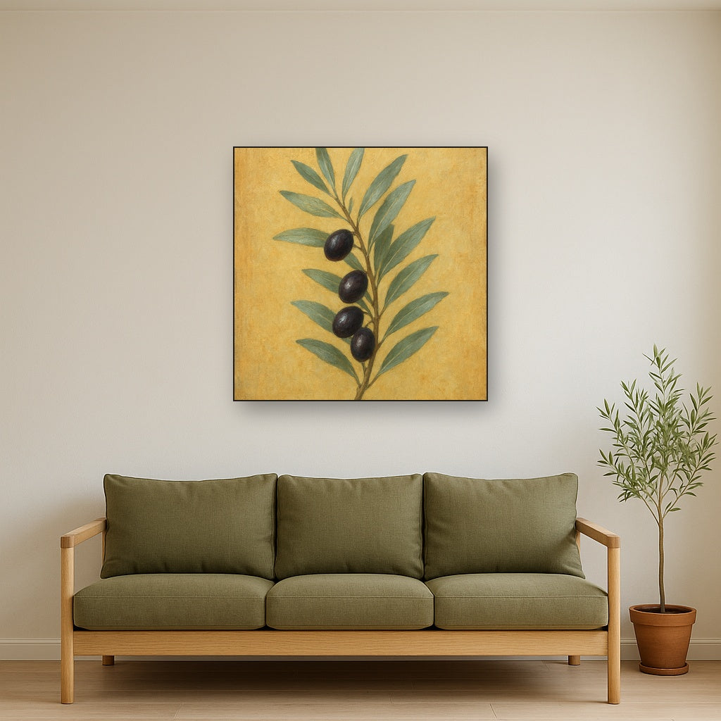 Mediterranean Olive Branch Botanical Oil Painting - Styled in Modern Living Room