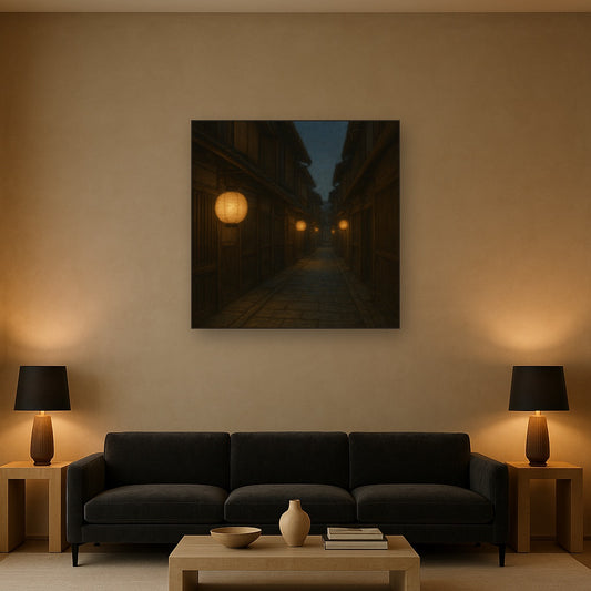 Old Kyoto Gion Alley in Soft Lantern Light Oil Painting Staged Above Sectional Sofa in Living Room, Hand Painted Canvas Wall Art for Home Decor