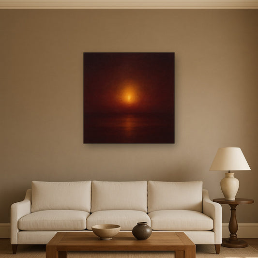 Deep Garnet & Amber Candlelight Horizon No. 10 Oil Painting Staged Above Sectional Sofa in Living Room, Hand Painted Canvas Wall Art for Home Decor