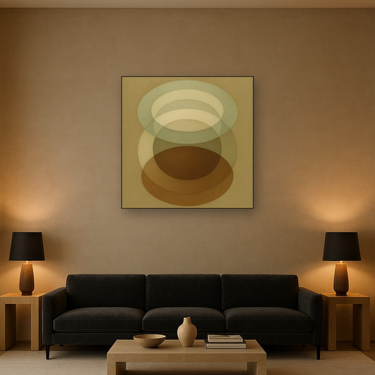 Floating Ellipse Harmony in Walnut & Pale Sage No. 9 Oil Painting Staged Above Sectional Sofa in Living Room, Hand Painted Canvas Wall Art for Home Decor