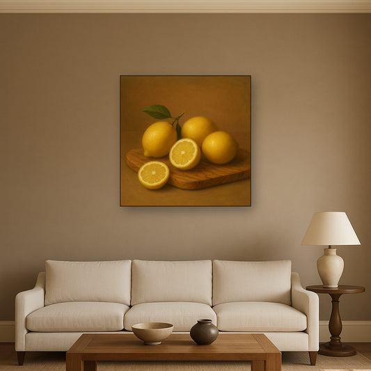 Meyer Lemons on Olive Wood Board No. 7 Oil Painting Staged Above Sectional Sofa in Living Room, Hand Painted Canvas Wall Art for Home Decor