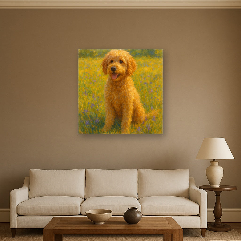 Fluffy Goldendoodle in Sun-Drenched Meadow No. 7 Fine Art Oil Painting - View 2