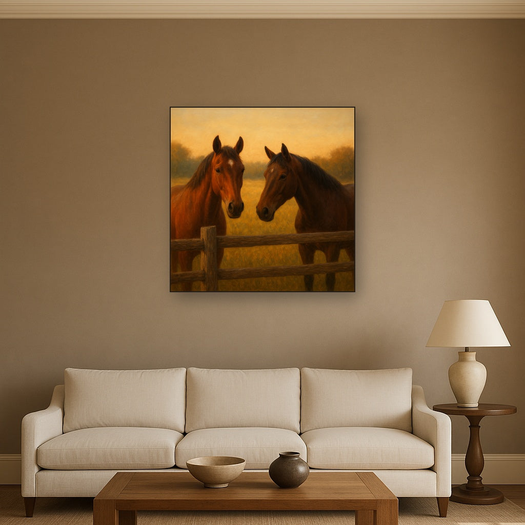 Two Horses at Rustic Post & Rail Fence No. 3 Oil Painting - View 2