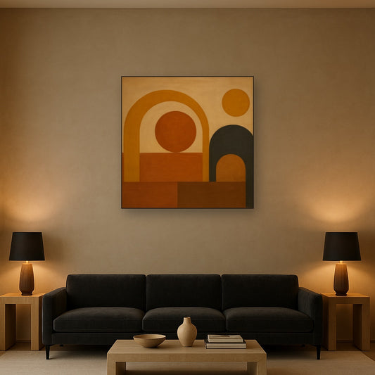 Arch & Circle Equilibrium in Warm Earth Tones No. 19 Oil Painting Staged Above Sectional Sofa in Living Room, Hand Painted Canvas Wall Art for Home Decor