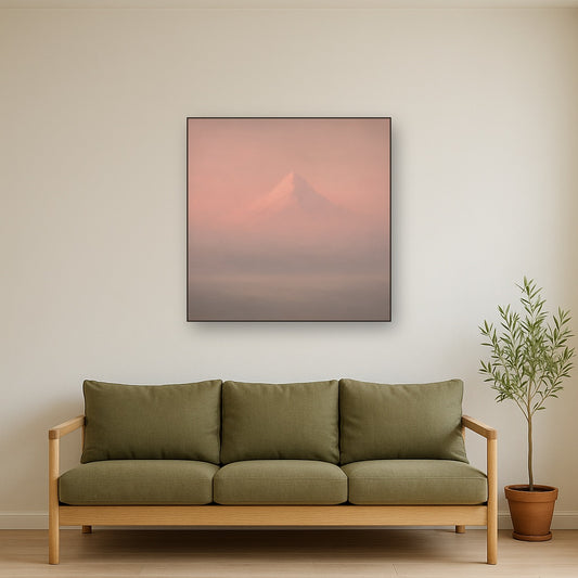 Pale Alpenglow over Distant Glacial Peak No. 16 Oil Painting Staged Above Sectional Sofa in Living Room, Hand Painted Canvas Wall Art for Home Decor