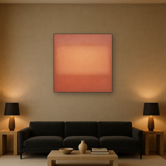 Blush Rose & Dusky Terracotta Ambient Glow No. 7 Oil Painting Staged Above Sectional Sofa in Living Room, Hand Painted Canvas Wall Art for Home Decor