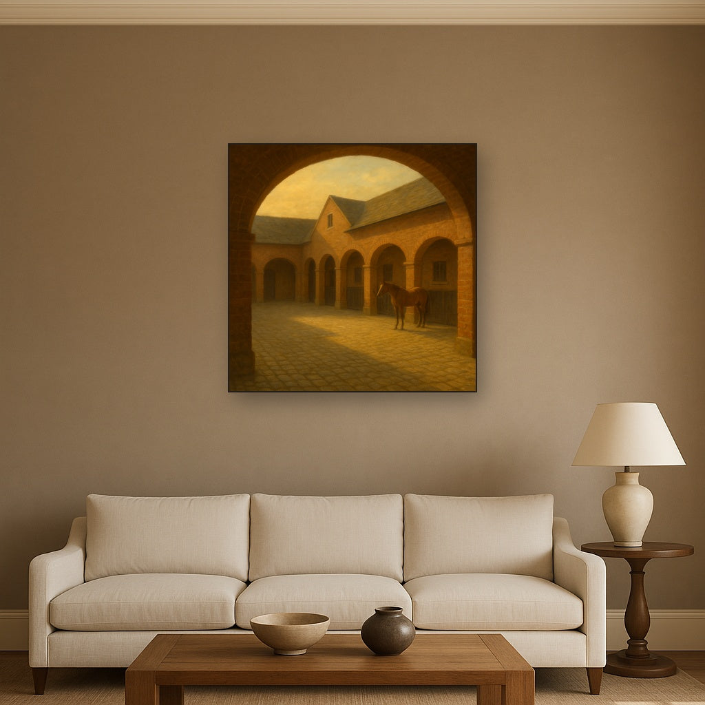 Equestrian Stable Courtyard in Late Afternoon No. 10 Oil Painting Staged Above Sectional Sofa in Living Room, Hand Painted Canvas Wall Art for Home Decor