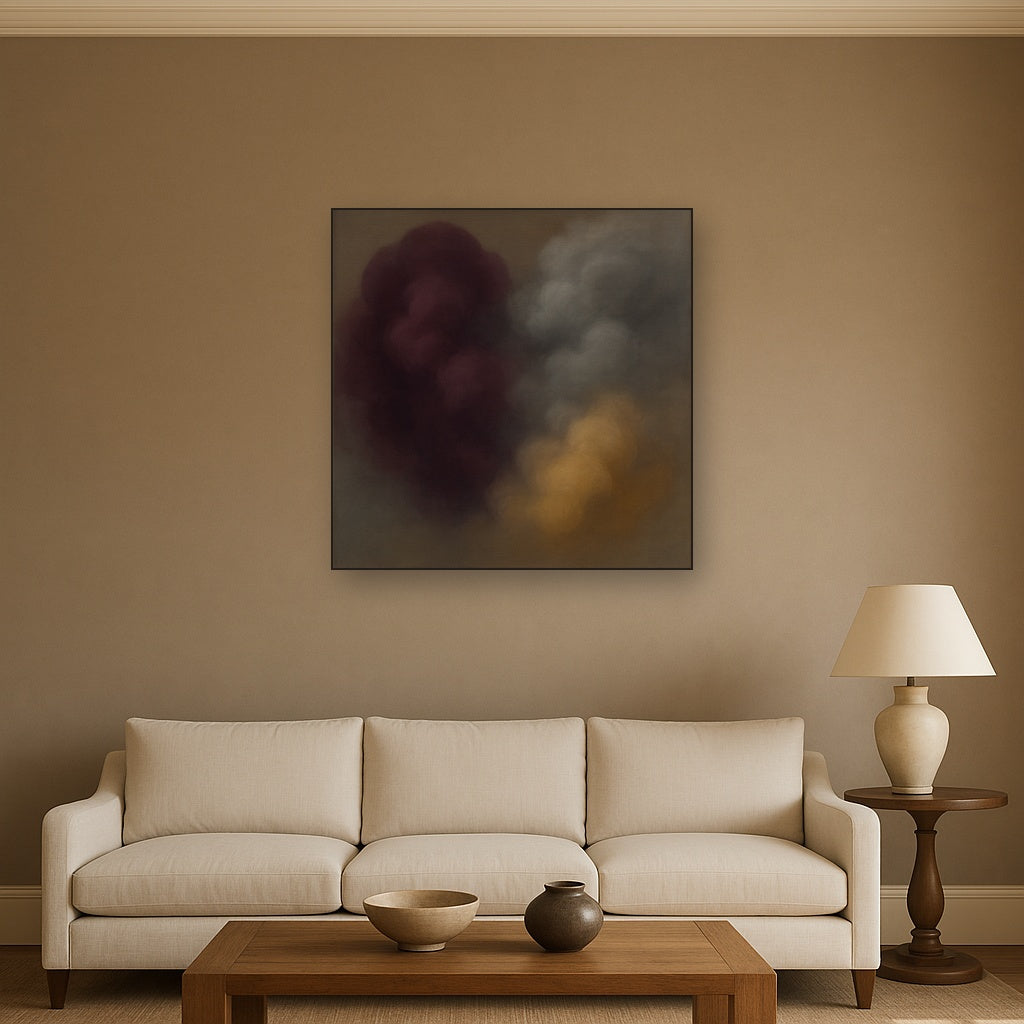 Gilded Plum & Soft Smoke Cloud Harmony No. 8 Oil Painting Staged Above Sectional Sofa in Living Room, Hand Painted Canvas Wall Art for Home Decor