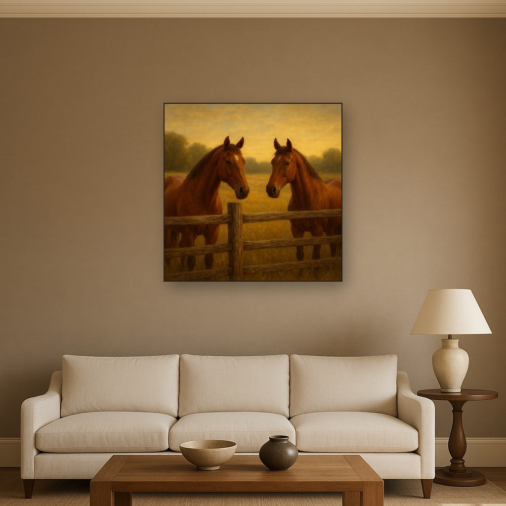 Two Horses at Rustic Post & Rail Fence No. 4 Oil Painting Staged Above Sectional Sofa in Living Room, Hand Painted Canvas Wall Art for Home Decor