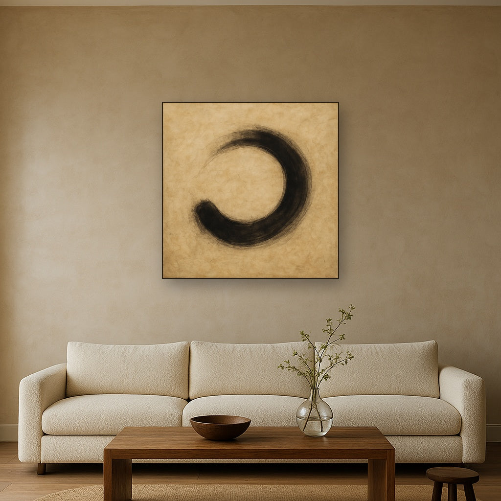 Aged Rice Paper & Charcoal Calligraphic Balance No. 24 Oil Painting Staged Above Sectional Sofa in Living Room, Hand Painted Canvas Wall Art for Home Decor