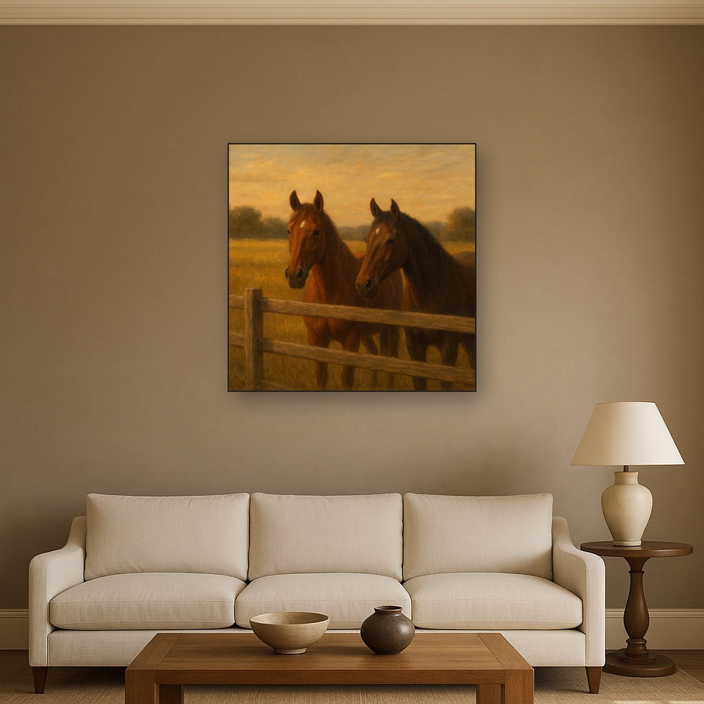 Two Horses at Rustic Post & Rail Fence No. 6 Oil Painting - View 2