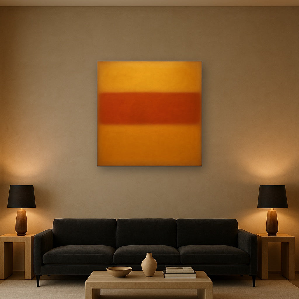 Luminous Ochre & Terracotta Horizon Color Field No. 26 Oil Painting Staged Above Sectional Sofa in Living Room, Hand Painted Canvas Wall Art for Home Decor