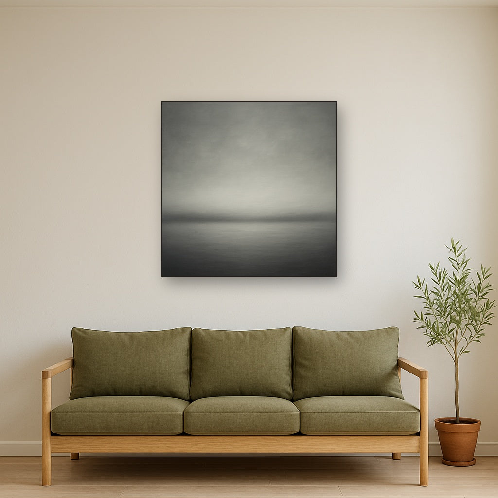 Monochrome Charcoal Drift & Soft Sfumato Horizon No. 12 Oil Painting Staged Above Sectional Sofa in Living Room, Hand Painted Canvas Wall Art for Home Decor