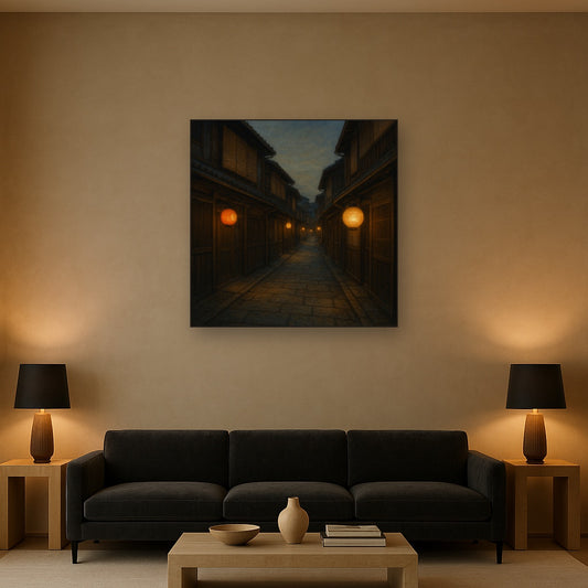 Old Kyoto Gion Alley in Soft Lantern Light No. 30 Oil Painting Staged Above Sectional Sofa in Living Room, Hand Painted Canvas Wall Art for Home Decor
