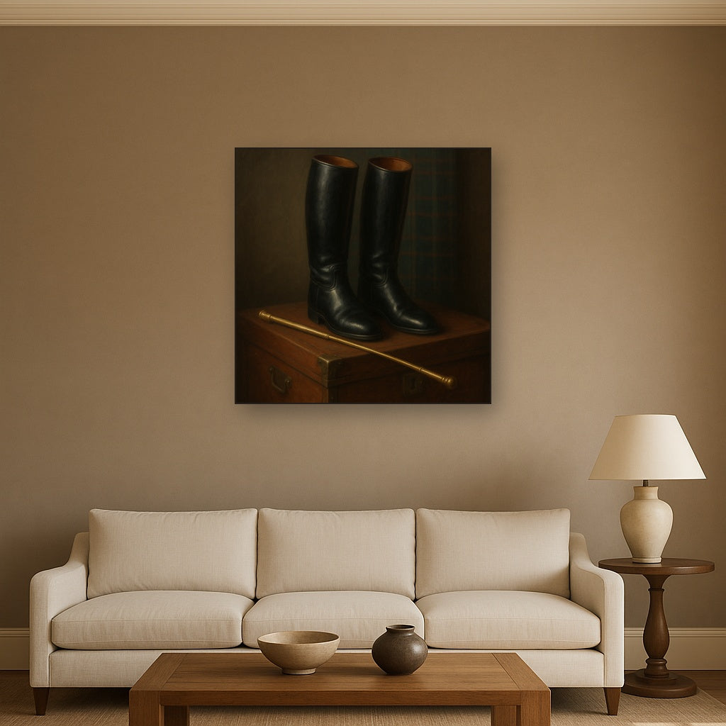 Vintage Riding Boots & Brass Crop on Trunk No. 2 Oil Painting Staged Above Sectional Sofa in Living Room, Hand Painted Canvas Wall Art for Home Decor