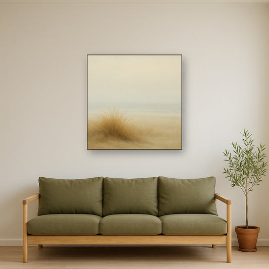 Silent Dune Grass in November Sea Fog No. 7 Oil Painting Staged Above Sectional Sofa in Living Room, Hand Painted Canvas Wall Art for Home Decor